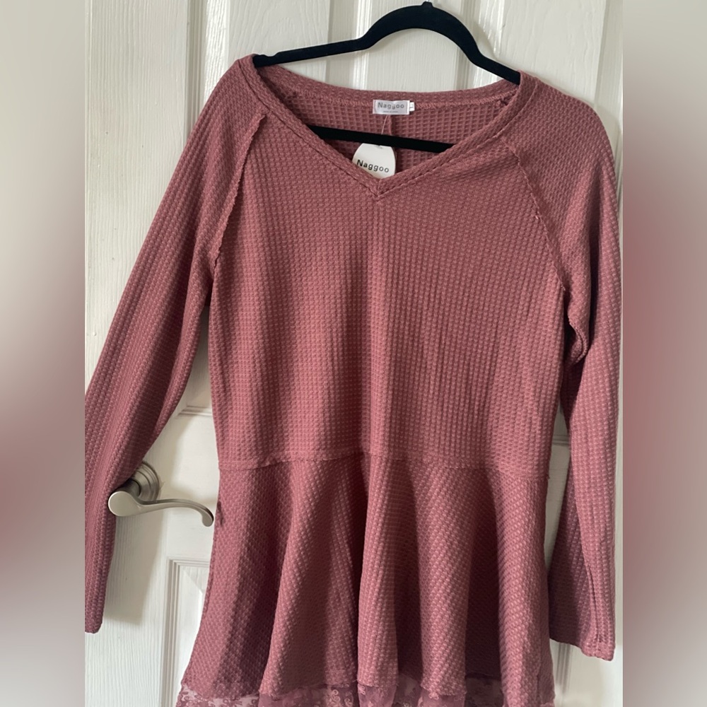 NWT- Adorable Waffle knit blouse with long sleeves , V-neck, lace trim